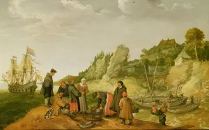 Fisherman unloading and selling their catch on a rocky shoreline Fisherman unloading and selling their catch on a rocky shoreline