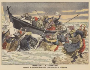 Fishermen's wives launching a lifeboat during a storm (colour litho) Fishermen's wives launching a lifeboat during a storm (colour litho)