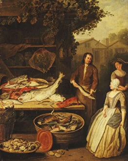 Artist Flemish Gallery: A Fishmonger displaying a Pike to a Maid, 1727 (oil on canvas)