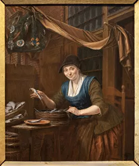 The fishmonger. Painting by Gerrit Zegelaar (1719-1794), oil on wood, mid-18th century. Museum of Fine Arts in Angers