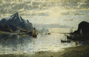 A Fjord Scene with Sailing Vessels, (oil on canvas) A Fjord Scene with Sailing Vessels, (oil on canvas)