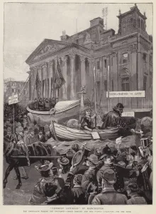 Float raising funds for the Royal National Lifeboat Institution passing the Exchange in Manchester, 1892 (litho) Float raising funds for the Royal National Lifeboat Institution passing the Exchange in Manchester, 1892 (litho)