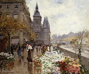 A Flower Market Along the Seine, (oil on canvas) A Flower Market Along the Seine, (oil on canvas)