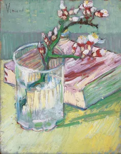 Flowering almond branch in a glass with a book, 1888 (oil on canvas) Flowering almond branch in a glass with a book, 1888 (oil on canvas)
