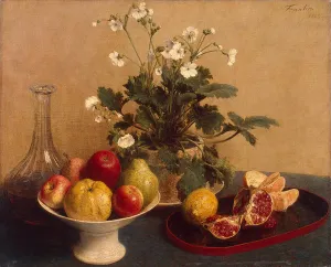 Flowers, dish with fruit and carafe, 1865 (oil on canvas) Flowers, dish with fruit and carafe, 1865 (oil on canvas)