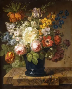 Flowers in a Vase on a Marble Ledge with a Red Admiral, a Bumble Bee Flowers in a Vase on a Marble Ledge with a Red Admiral, a Bumble Bee