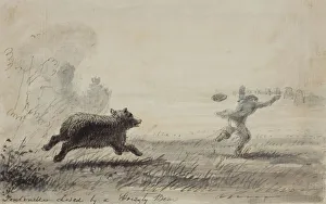 Fontenelle Chased by a Grizzly Bear, c.1837 (pen, ink and wash on paper) Fontenelle Chased by a Grizzly Bear, c.1837 (pen, ink and wash on paper)