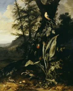 A Forest Floor with a Toad and a Lizard, a Bullfinch on a Branch of Ivy above A Forest Floor with a Toad and a Lizard, a Bullfinch on a Branch of Ivy above