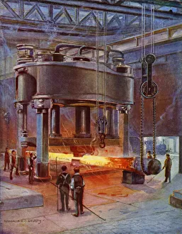 Forging a propeller shaft for an ocean liner (colour litho) Forging a propeller shaft for an ocean liner (colour litho)