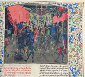 Froissart Collection: Fr 2646 f. 176 Bal des Ardents, Charles being saved by the Duchess of Berry after