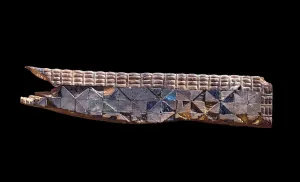 Fragment of furniture carved from softwood, c.2800 BC (softwood inlaid with faience & Fragment of furniture carved from softwood, c.2800 BC (softwood inlaid with faience &