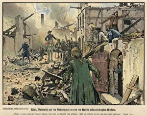 Frederick the Great visiting the ruins of the burned town of Kustrin (colour litho) Frederick the Great visiting the ruins of the burned town of Kustrin (colour litho)