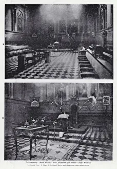 Freemasonry, Mark Masons Hall prepared for Grand Lodge Meeting (b/w photo) Freemasonry, Mark Masons Hall prepared for Grand Lodge Meeting (b/w photo)