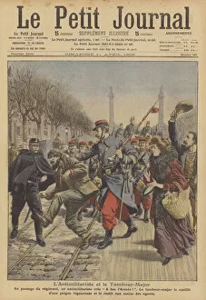 Protester Gallery: A French Army drum major handing an antimilitarist protester over to the police (colour litho)