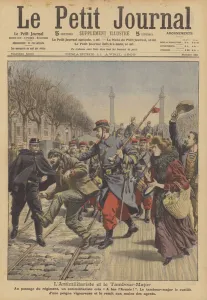 A French Army drum major handing an antimilitarist protester over to the police A French Army drum major handing an antimilitarist protester over to the police