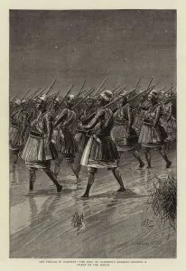 The French in Dahomey, the King of Dahomey's Amazons crossing a swamp on the March The French in Dahomey, the King of Dahomey's Amazons crossing a swamp on the March