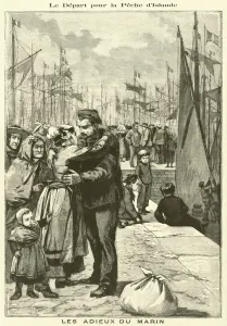 A French fisherman saying farwell to his family before setting off for the fishing A French fisherman saying farwell to his family before setting off for the fishing