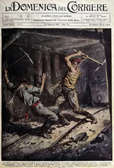 Achille Beltrame Gallery: Two French and Portuguese miners fighting with their axes in a gallery because of a love story - drawing by A