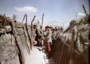 French and possibly Russian soldiers in a trench on the Western Front, France French and possibly Russian soldiers in a trench on the Western Front, France
