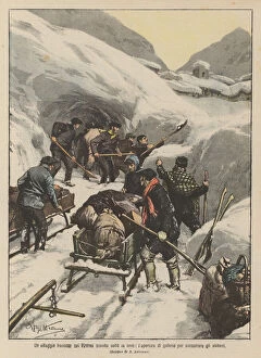 A French village in the Pyrenees buried in the snow, the opening of tunnels to help the inhabitants (colour litho)