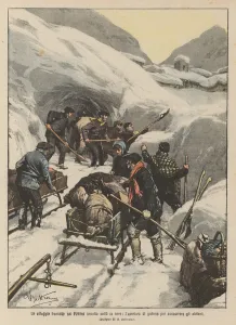 A French village in the Pyrenees buried in the snow, the opening of tunnels to help the inhabitants (colour litho) A French village in the Pyrenees buried in the snow, the opening of tunnels to help the inhabitants (colour litho)