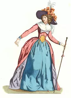 French woman in fashion of the 18th century - Lithography based on an illustration by Edmond Lechevallier-Chevignard