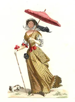 French woman in summer dress, 17th century, from an engraving by Jean Saint Jean - Lithography from an illustration by French woman in summer dress, 17th century, from an engraving by Jean Saint Jean - Lithography from an illustration by