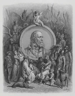 Frontispiece, Portrait of Tennyson and Characters from the Idylls (engraving)