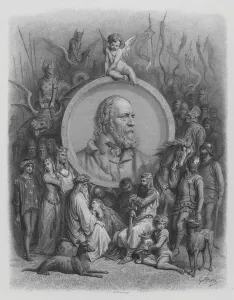 Frontispiece, Portrait of Tennyson and Characters from the Idylls (engraving) Frontispiece, Portrait of Tennyson and Characters from the Idylls (engraving)