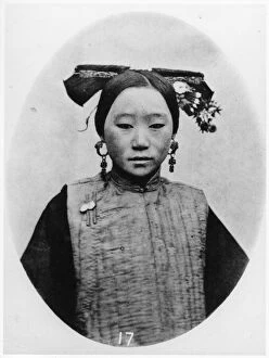 China, Tibet And Bhutan Gallery: Frontview of Coiffure of a Married Manchu Matron, c.1867-72 (b / w photo)