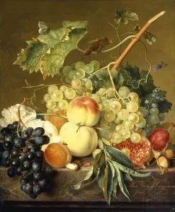 Fruit, Hazelnuts and Hollyhocks on a Marble Ledge, (oil on panel) Fruit, Hazelnuts and Hollyhocks on a Marble Ledge, (oil on panel)