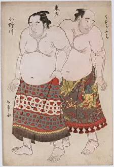 1766511 Full-length portraits of wrestlers from the Eastern Group, Uzugafuchi on the right and Onogawa on the left (colour woodblock print) by Shunsho, Katsukawa (1726-93); 39.2x26.4 cm; Private Collection; (add.info.: Full-length portraits of wrestlers from the Eastern Group, Uzugafuchi on the right and Onogawa on the left. Katsukawa Shunsho (1726-1792). Oban tate-e. 39.2 x 26.4cm); Photo © Christie's Images; Japanese, out of copyright Full-length portraits of wrestlers from the Eastern Group, Uzugafuchi on the right and Onogawa on the left (colour woodblock print)