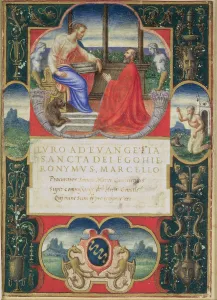 G. Marcello kneeling before St. Marco and St. Jerome and the coat of arms of the Marcello G. Marcello kneeling before St. Marco and St. Jerome and the coat of arms of the Marcello
