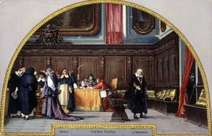 Galileo brought before the Inquisition Court (1633). postcard after the fresco of Galileo brought before the Inquisition Court (1633). postcard after the fresco of