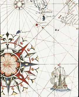 A galleon sailing off the coast of California (Detail of the portulan of Castellini A galleon sailing off the coast of California (Detail of the portulan of Castellini