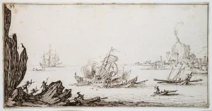 Colliding Gallery: A galley rammed amidships by a man-o -war under sail within sight of harbour, c