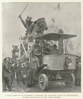 A Gallic Hero on an Automobile, conveying the Bartholdi Statue of Vercingetorix to the Grand Palais of the Champs Elysees (b / w photo)