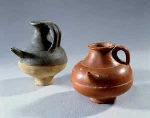 Galloromain art (Gallo-Roman): terracotta bottles. From Allier. 1st to 2nd century AD Galloromain art (Gallo-Roman): terracotta bottles. From Allier. 1st to 2nd century AD