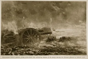 Gas masked British gunners firing point-blank into advancing masses of the enemy during Gas masked British gunners firing point-blank into advancing masses of the enemy during