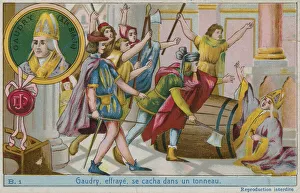 Gaudry, frightened, hiding in a barrel (chromolitho) Gaudry, frightened, hiding in a barrel (chromolitho)