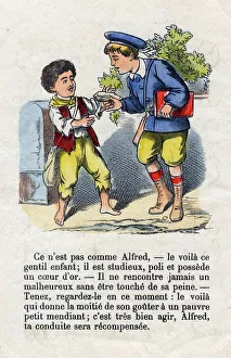 Generosite. Child giving half of his taste to a little beggar. Little boys alphabet Generosite. Child giving half of his taste to a little beggar. Little boys alphabet