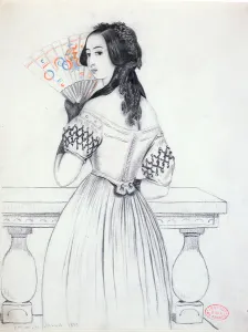 George Sand (1804-76) with a fan, 1833 (pencil on paper) George Sand (1804-76) with a fan, 1833 (pencil on paper)