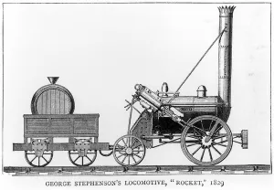 George Stephenson's Locomotive, Rocket, 1829 (engraving) (b&w photo) George Stephenson's Locomotive, Rocket, 1829 (engraving) (b&w photo)