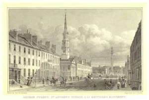 George Street Gallery: George Street, St Andrews Church, and Lord Melvilles Monument (engraving)