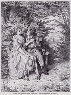 German author Johann Wolfgang von Goethe's love affair with Friederike Brion, Sessenheim, near Strasbourg, 1771 (engraving) German author Johann Wolfgang von Goethe's love affair with Friederike Brion, Sessenheim, near Strasbourg, 1771 (engraving)