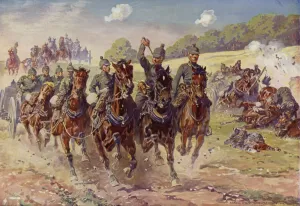 German Hussar battery under enemy fire (colour litho) German Hussar battery under enemy fire (colour litho)