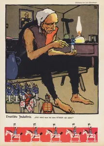 German industry: man painting toy soldiers (colour litho) German industry: man painting toy soldiers (colour litho)