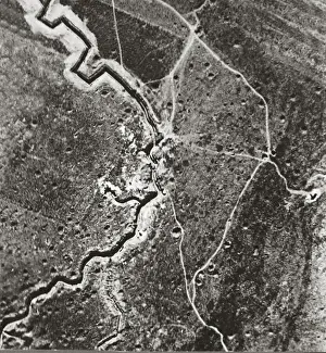 Over the German lines, showing deep trenches, mine craters and shell-pitted ground Over the German lines, showing deep trenches, mine craters and shell-pitted ground