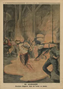 In Germany, workers sinking in molten steel, illustration from Le Petit Journal' In Germany, workers sinking in molten steel, illustration from Le Petit Journal'