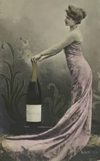 Girl with champagne bottle (colour photo)